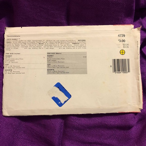 Butterick 4729 Plush Jack Rabbit pattern - Picture 4 of 4